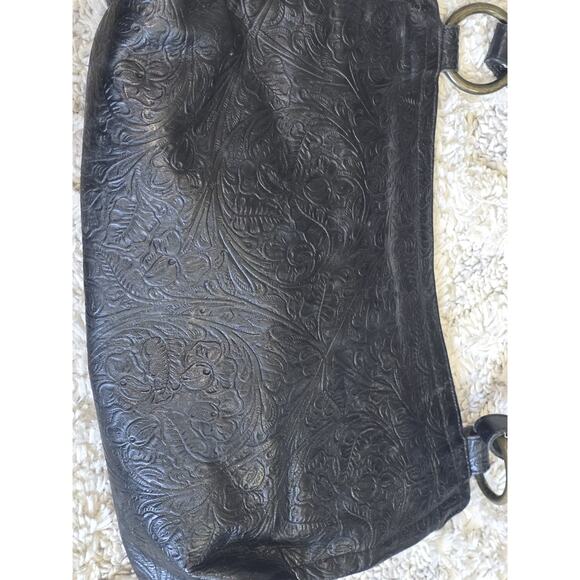 Nancy Bacich Womens Leather Floral Textures Shoulder Handbag‎ Black Brass VTG - Picture 3 of 10